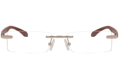 mamma mia rimless brown eyeglasses frame viewed from front angle.