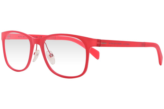 marc by marc jacobs rectangle red eyeglasses frame viewed from a 45-degree angle.