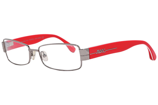 marc by marc jacobs rectangle red eyeglasses frame viewed from a 45-degree angle.