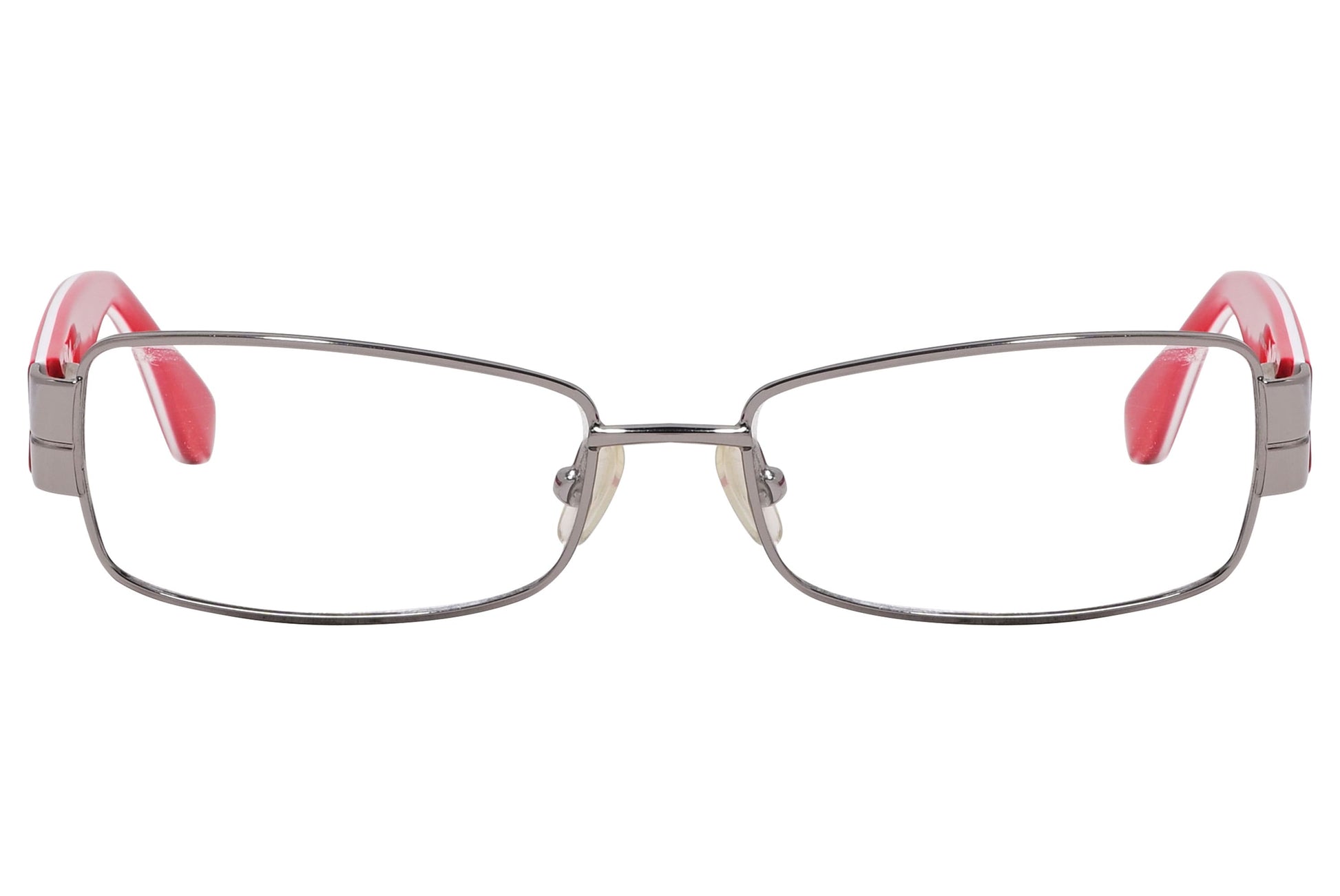 marc by marc jacobs rectangle red eyeglasses frame viewed from front angle.