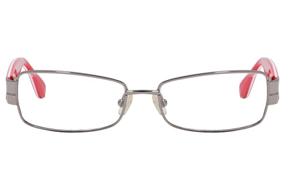 marc by marc jacobs rectangle red eyeglasses frame viewed from front angle.