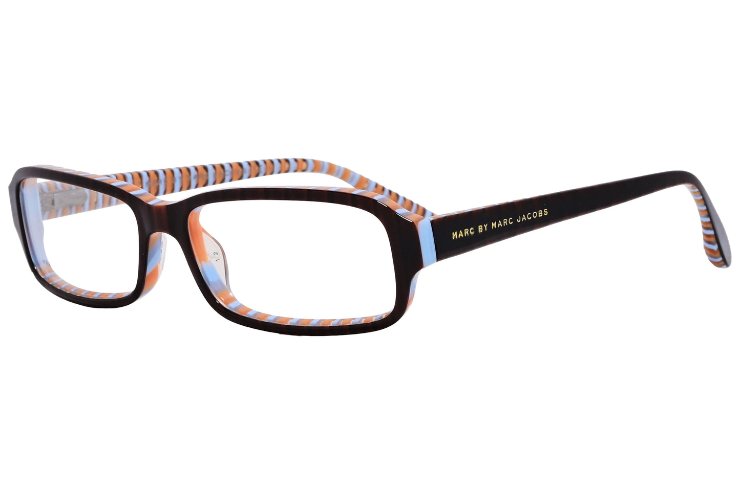 marc by marc jacobs rectangle brown eyeglasses frame viewed from a 45-degree angle.