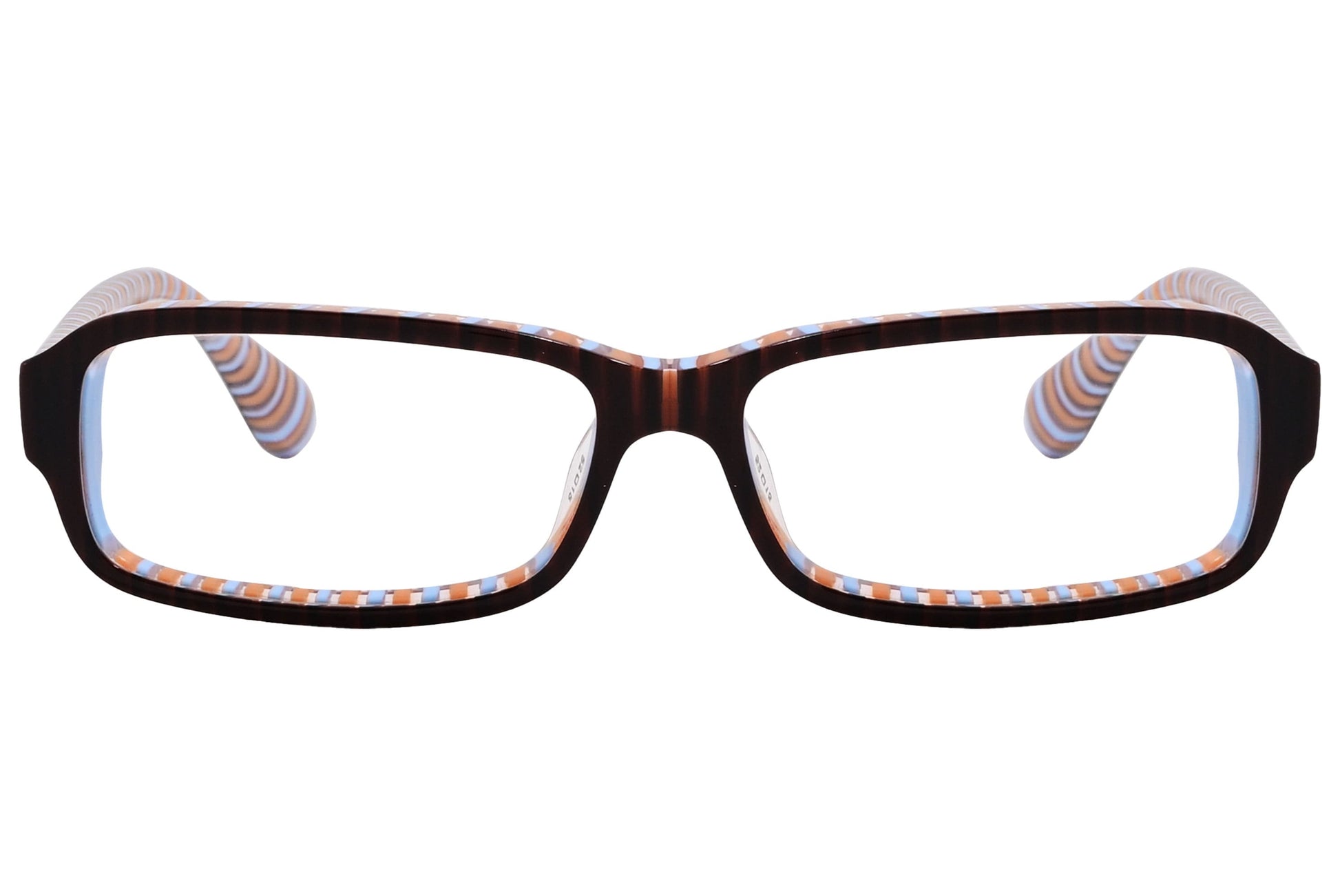 marc by marc jacobs rectangle brown eyeglasses frame viewed from front angle.