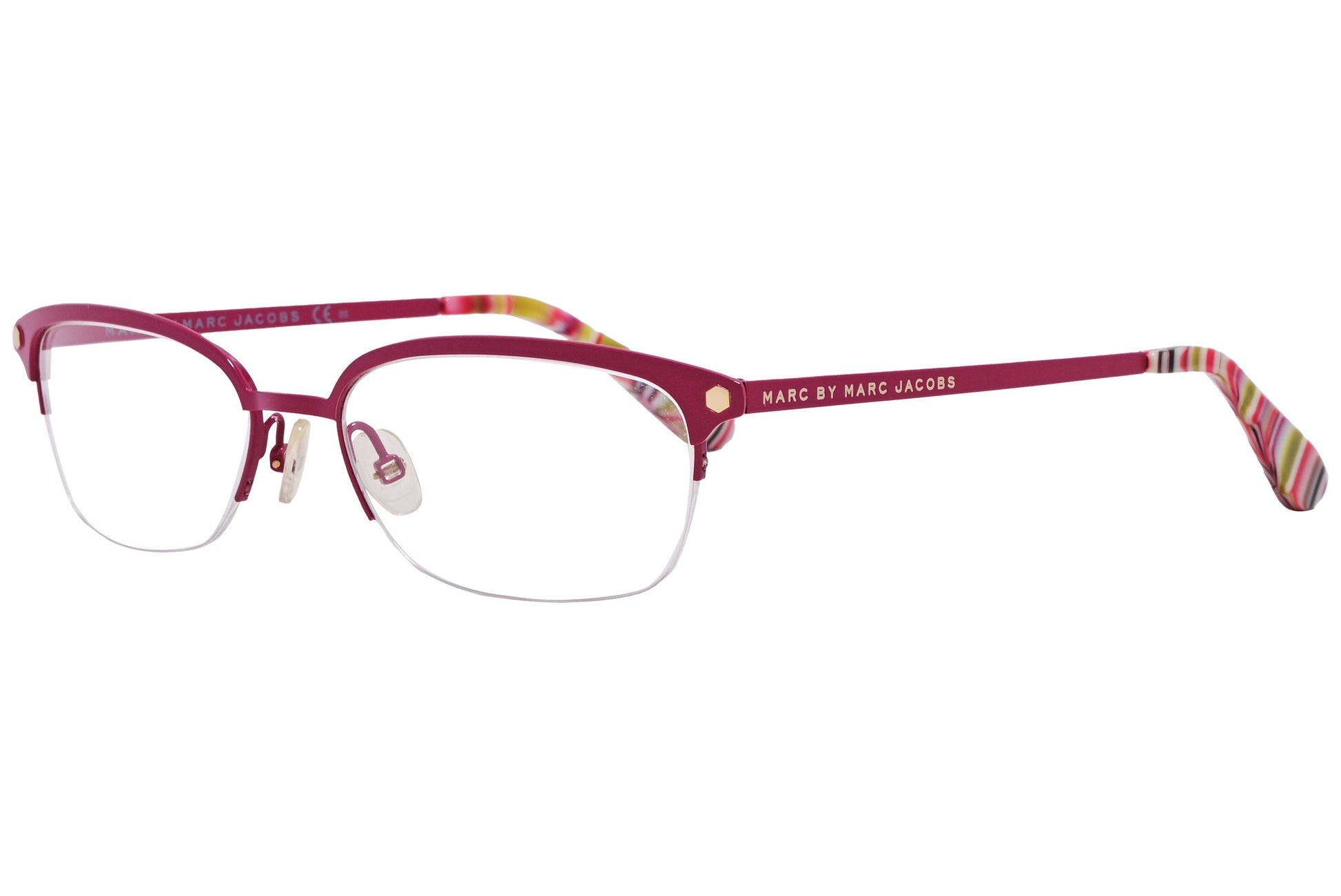 A pair of red rectangle eyeglasses with patterned earpieces on a white background.