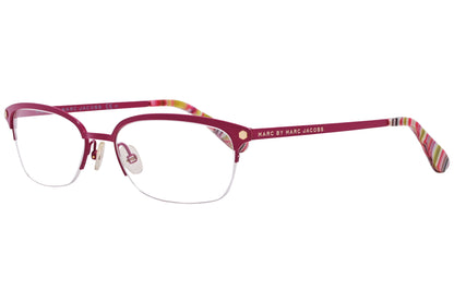 A pair of red rectangle eyeglasses with patterned earpieces on a white background.