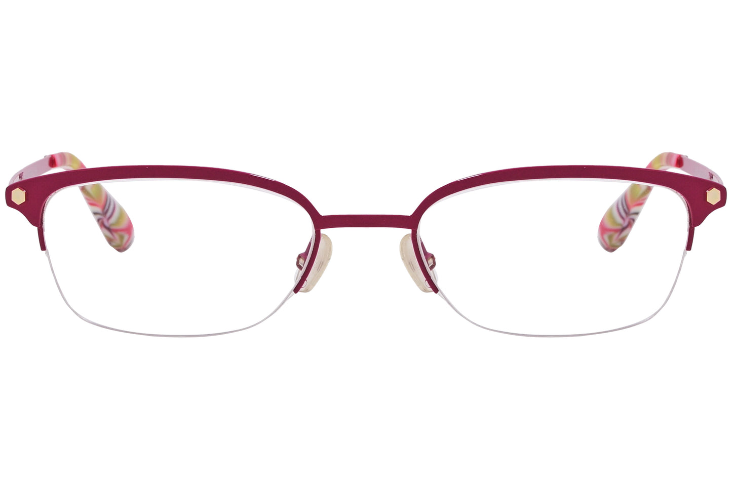 A pair of red rectangle eyeglasses with patterned earpieces on a white background.