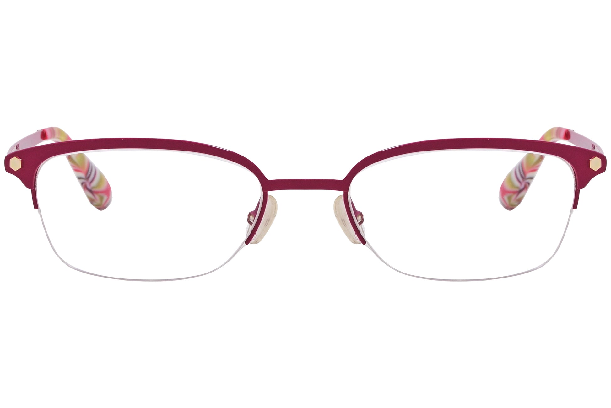A pair of red rectangle eyeglasses with patterned earpieces on a white background.