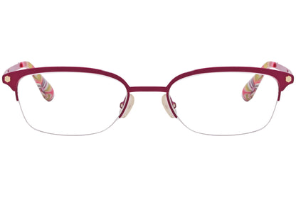 A pair of red rectangle eyeglasses with patterned earpieces on a white background.