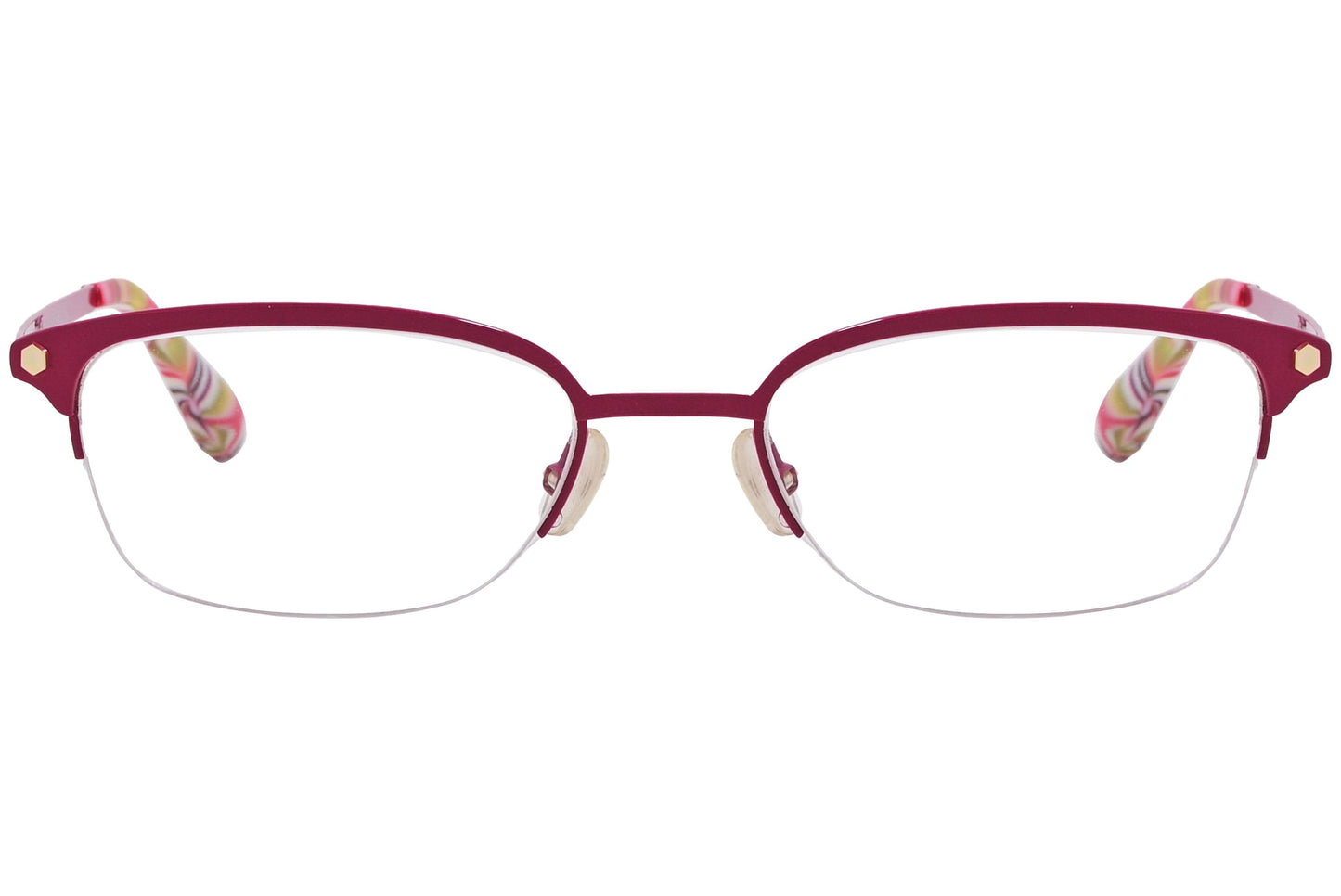 marc by marc jacobs rectangle red eyeglasses frame viewed from front angle.