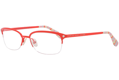 A pair of orange rectangle eyeglasses with a patterned interior and the brand name 'MARC JACOBS' visible on the side.