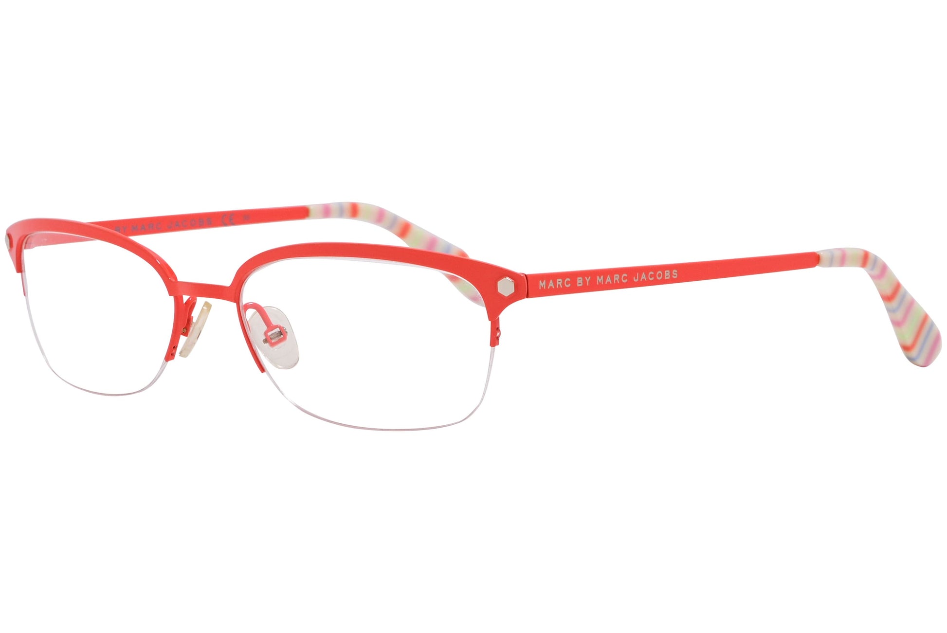 marc by marc jacobs rectangle orange eyeglasses frame viewed from a 45-degree angle.