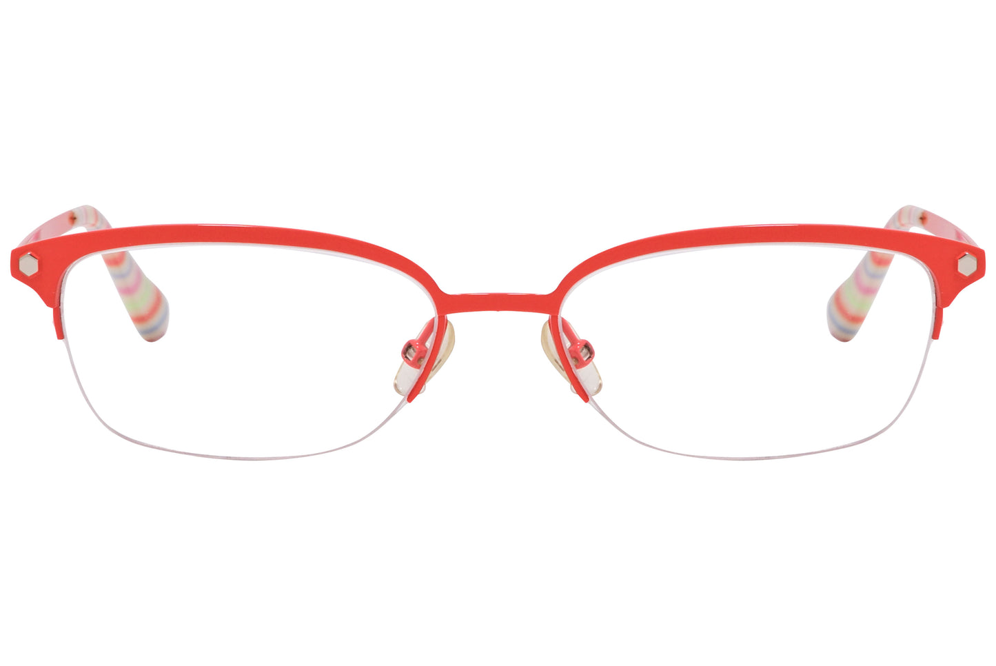 A pair of orange rectangle eyeglasses with a patterned interior and the brand name 'MARC JACOBS' visible on the side.
