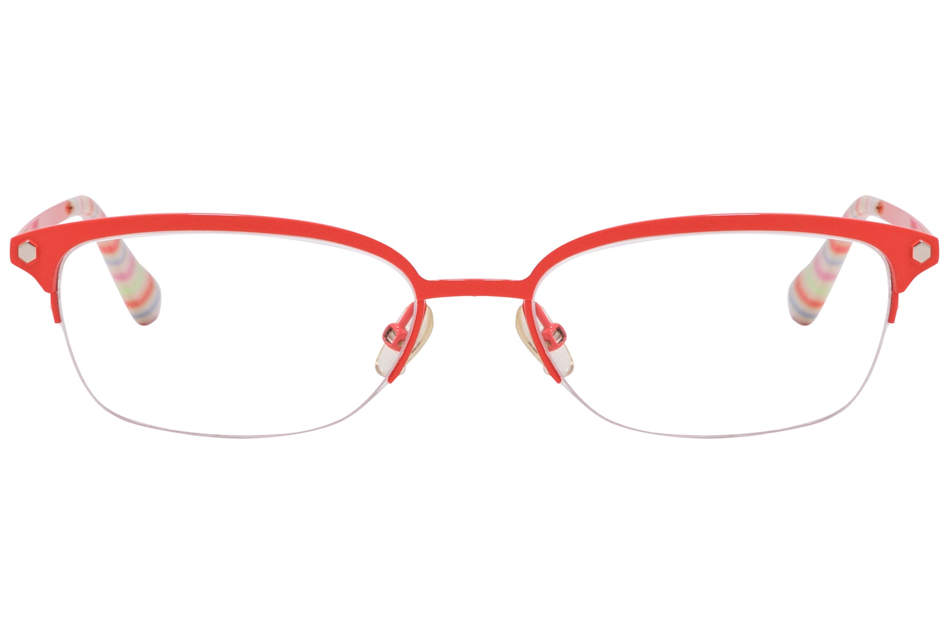 A pair of orange rectangle eyeglasses with a patterned interior and the brand name 'MARC JACOBS' visible on the side.