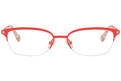A pair of orange rectangle eyeglasses with a patterned interior and the brand name 'MARC JACOBS' visible on the side.