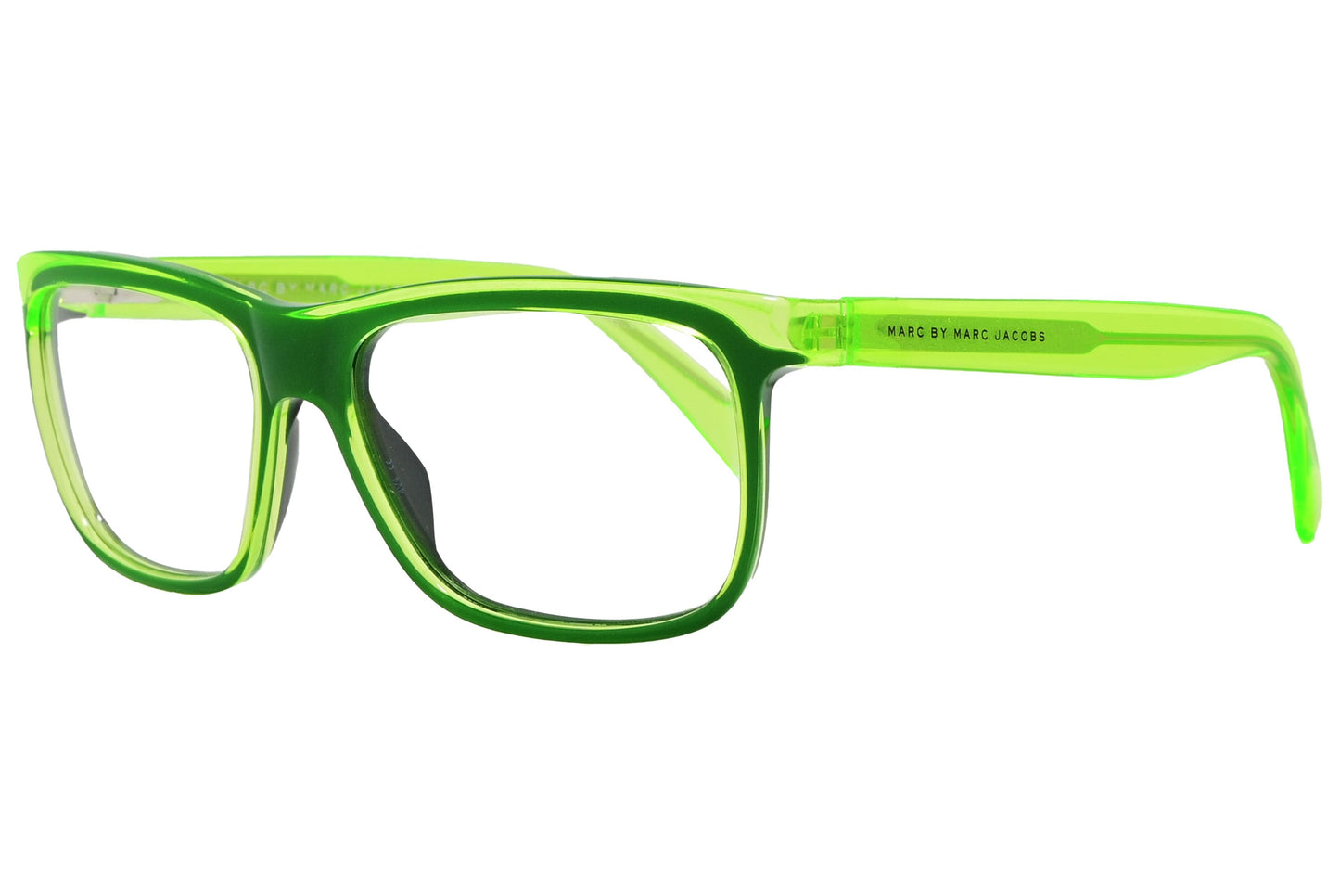 marc by marc jacobs wayfarer green eyeglasses frame viewed from a 45-degree angle.