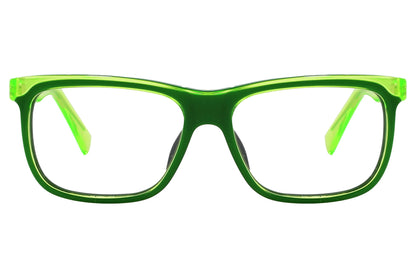 marc by marc jacobs wayfarer green eyeglasses frame viewed from front angle.