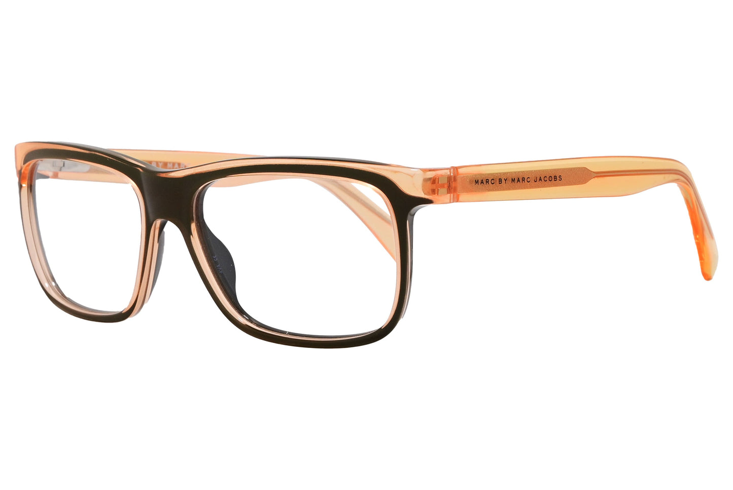 marc by marc jacobs wayfarer brown eyeglasses frame viewed from a 45-degree angle.