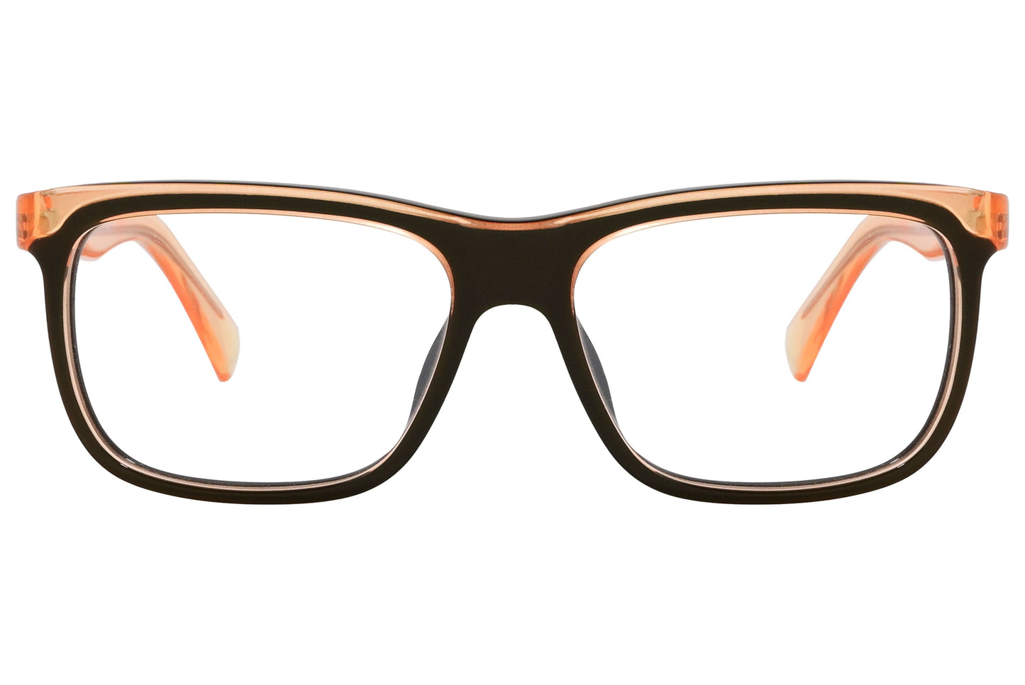 marc by marc jacobs wayfarer brown eyeglasses frame viewed from front angle.