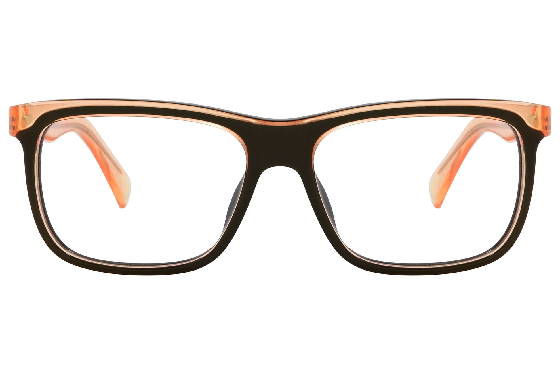 marc by marc jacobs wayfarer brown eyeglasses frame viewed from front angle.