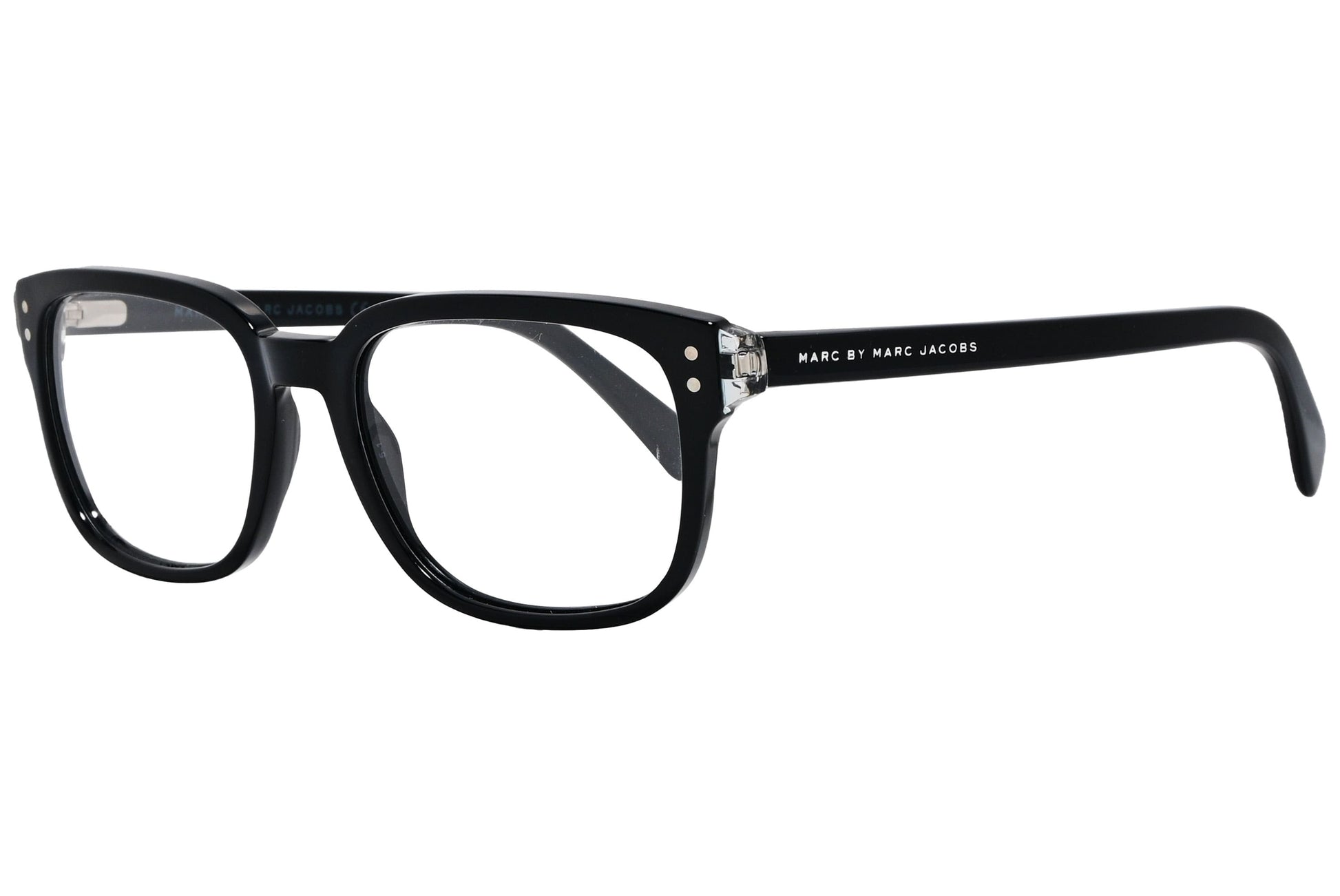 marc by marc jacobs rectangle black eyeglasses frame viewed from a 45-degree angle.