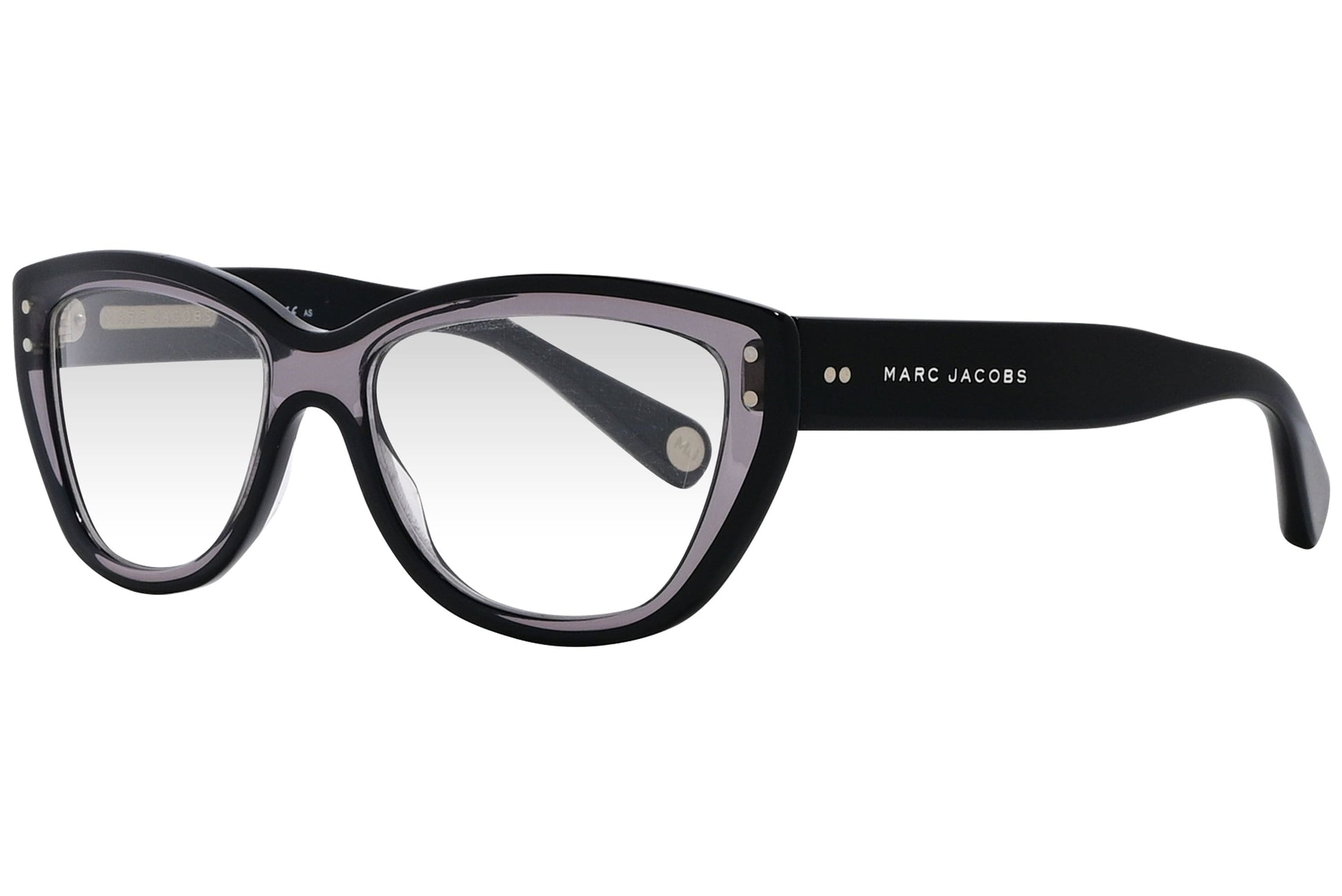 marc jacobs cat-eye black eyeglasses frame viewed from a 45-degree angle.