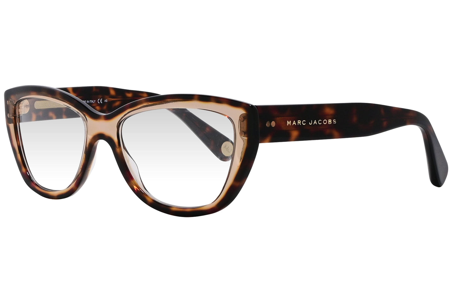 marc jacobs cat-eye tortoise eyeglasses frame viewed from a 45-degree angle.