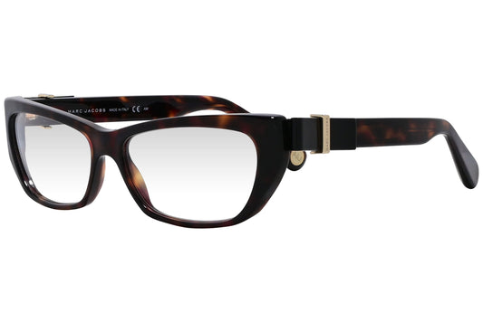 marc jacobs rectangle tortoise eyeglasses frame viewed from a 45-degree angle.