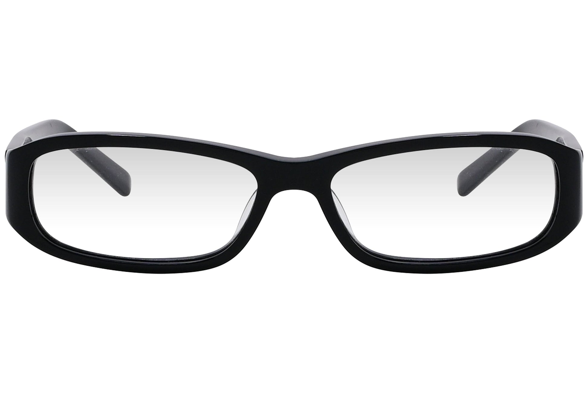 marc jacobs rectangle black eyeglasses frame viewed from front angle.