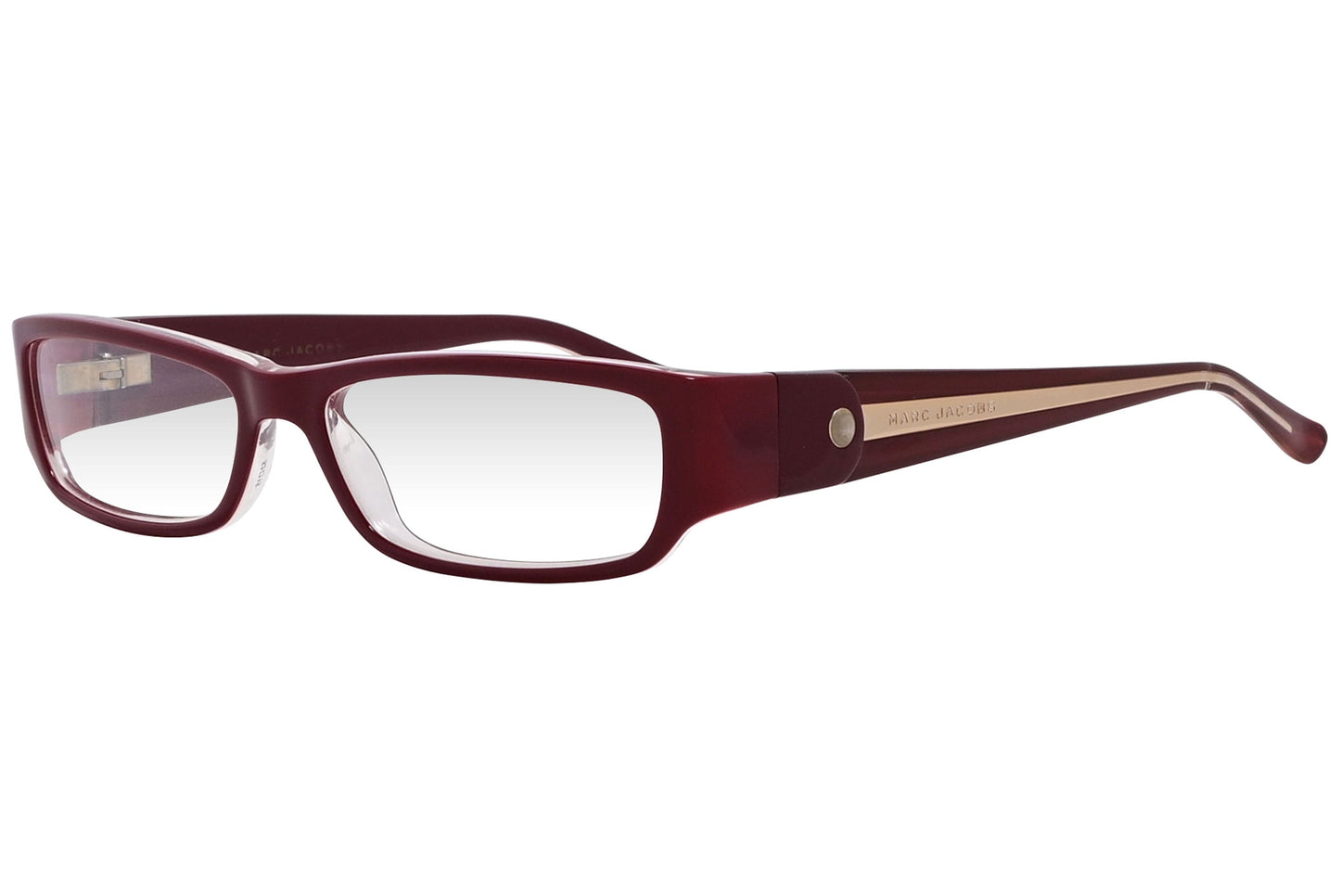 marc jacobs rectangle red eyeglasses frame viewed from a 45-degree angle.