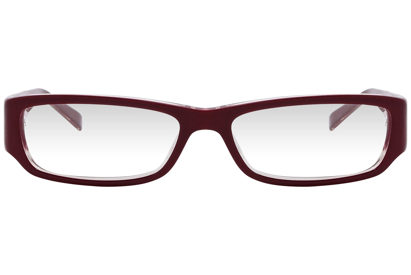 marc jacobs rectangle red eyeglasses frame viewed from front angle.