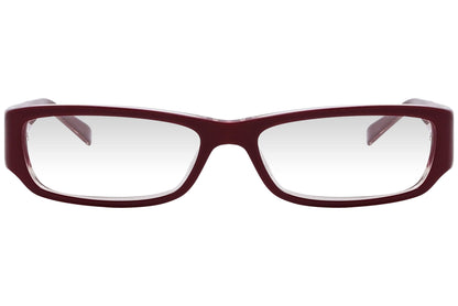 marc jacobs rectangle red eyeglasses frame viewed from front angle.