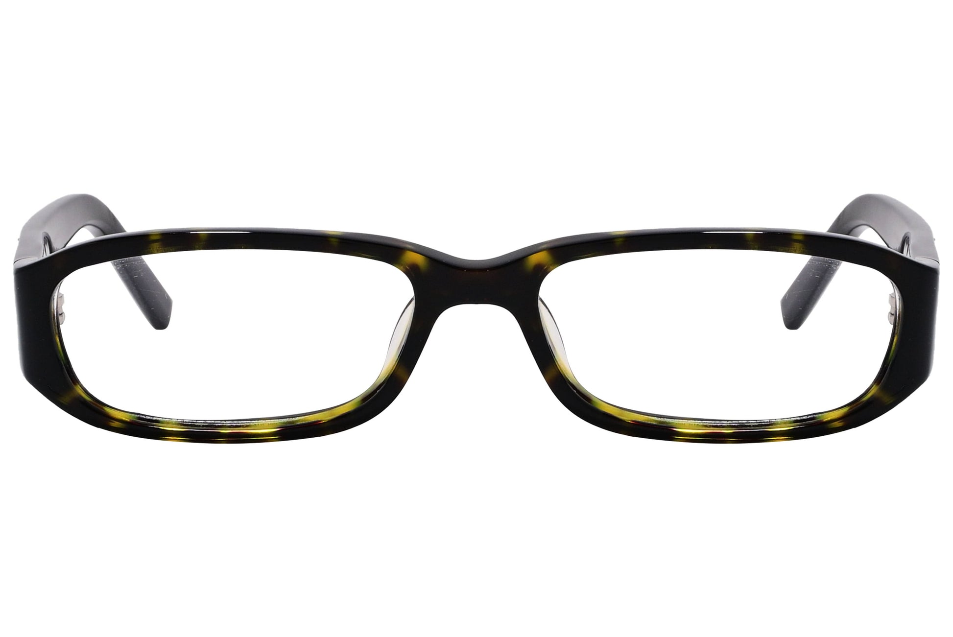 marc jacobs rectangle tortoise eyeglasses frame viewed from front angle.