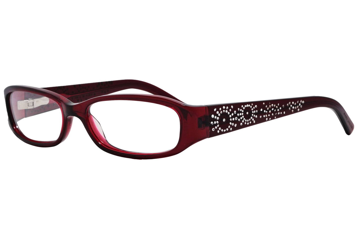 marc jacobs rectangle red eyeglasses frame viewed from a 45-degree angle.