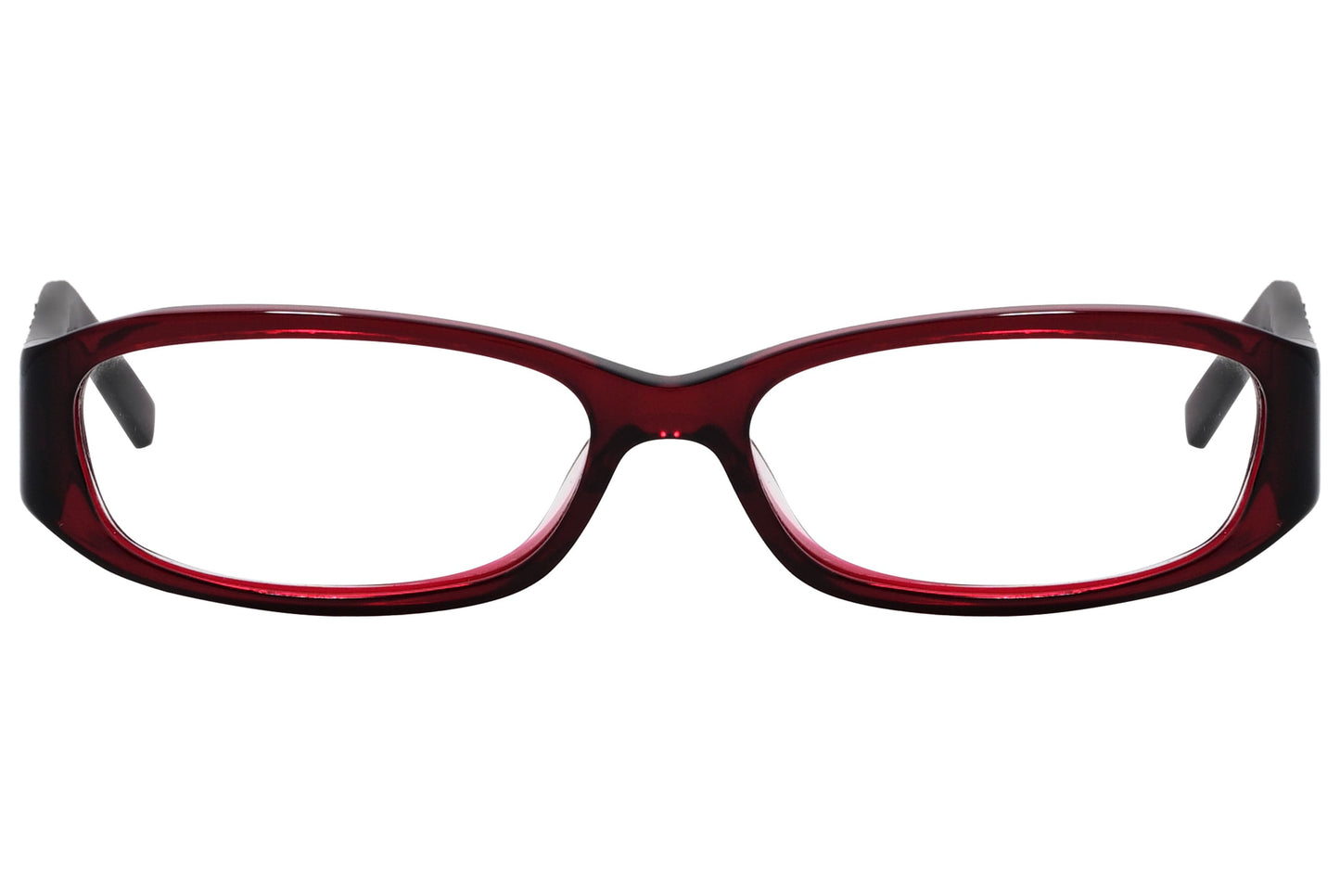 marc jacobs rectangle red eyeglasses frame viewed from front angle.