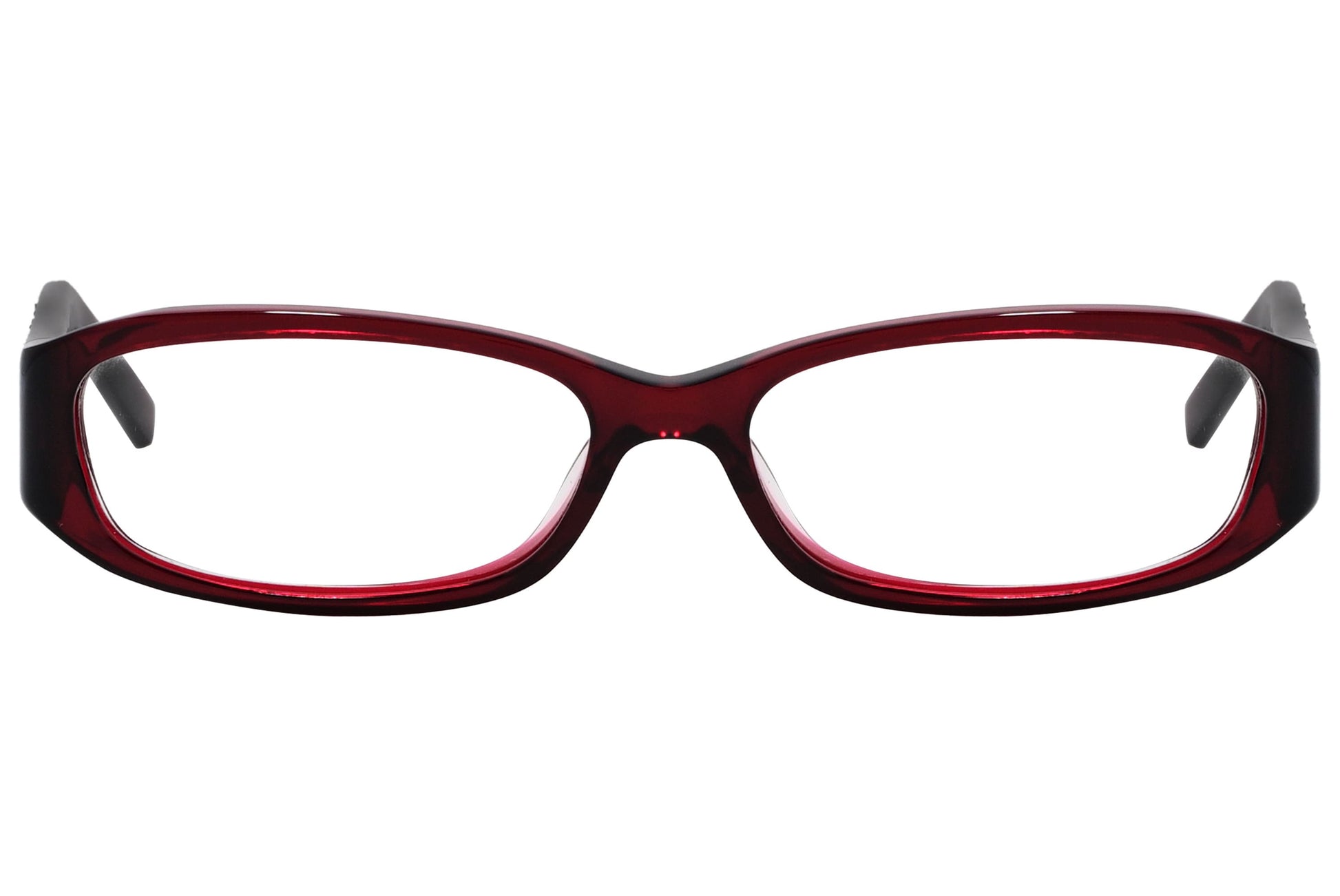 marc jacobs rectangle red eyeglasses frame viewed from front angle.