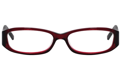 marc jacobs rectangle red eyeglasses frame viewed from front angle.