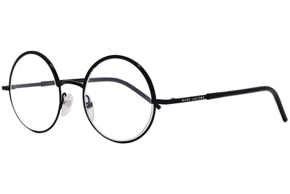 marc jacobs round black eyeglasses frame viewed from a 45-degree angle.