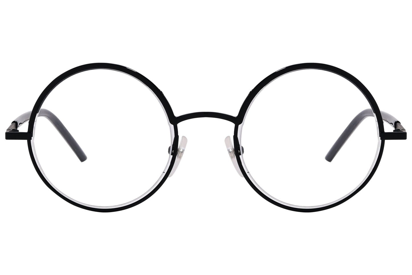 marc jacobs round black eyeglasses frame viewed from front angle.