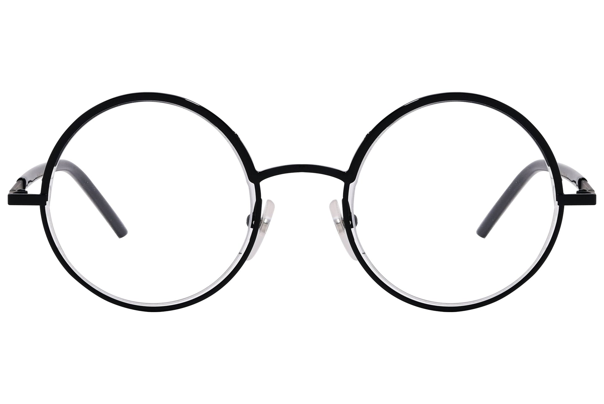 marc jacobs round black eyeglasses frame viewed from front angle.