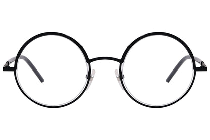 marc jacobs round black eyeglasses frame viewed from front angle.