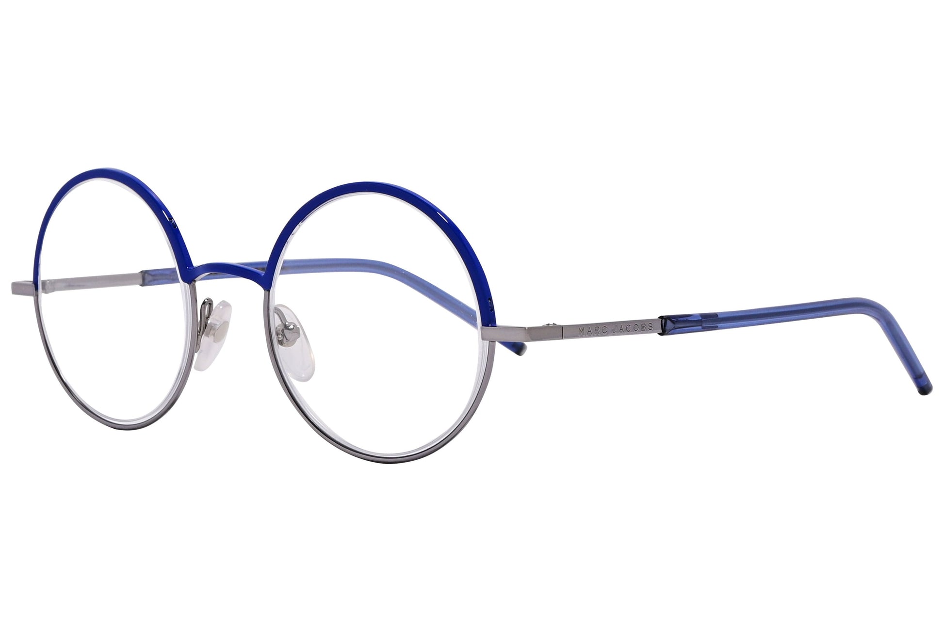 marc jacobs round blue eyeglasses frame viewed from a 45-degree angle.