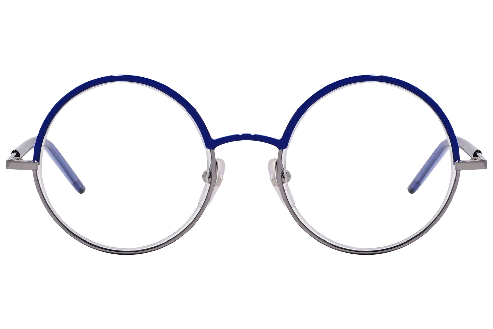 marc jacobs round blue eyeglasses frame viewed from front angle.