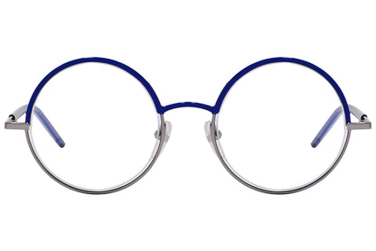 marc jacobs round blue eyeglasses frame viewed from front angle.