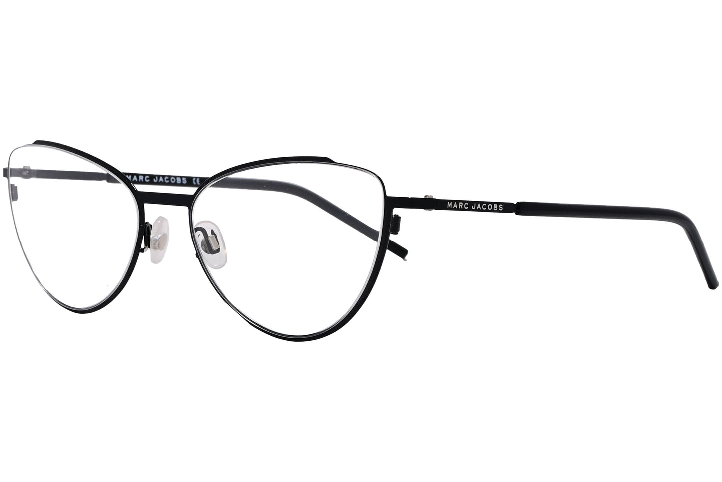 marc jacobs cat-eye black eyeglasses frame viewed from a 45-degree angle.