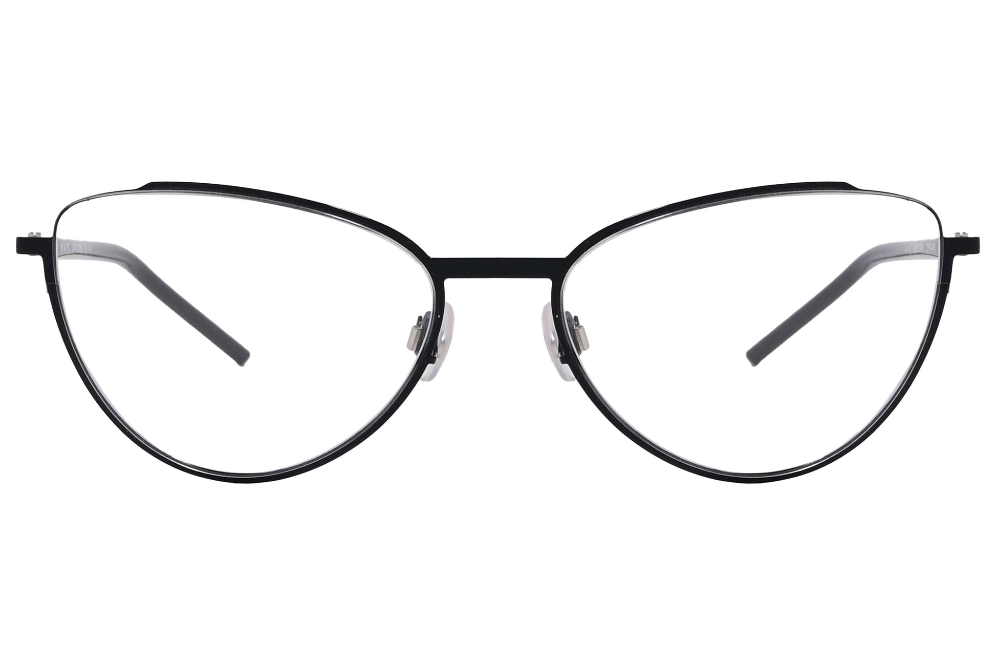 marc jacobs cat-eye black eyeglasses frame viewed from front angle.