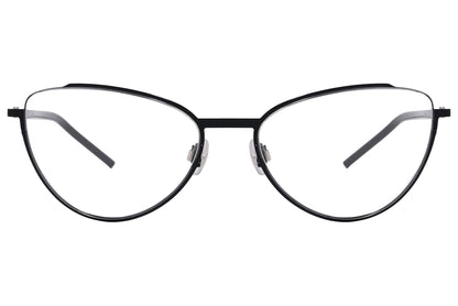 marc jacobs cat-eye black eyeglasses frame viewed from front angle.