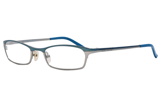 marc jacobs rectangle beetle green eyeglasses frame viewed from a 45-degree angle.