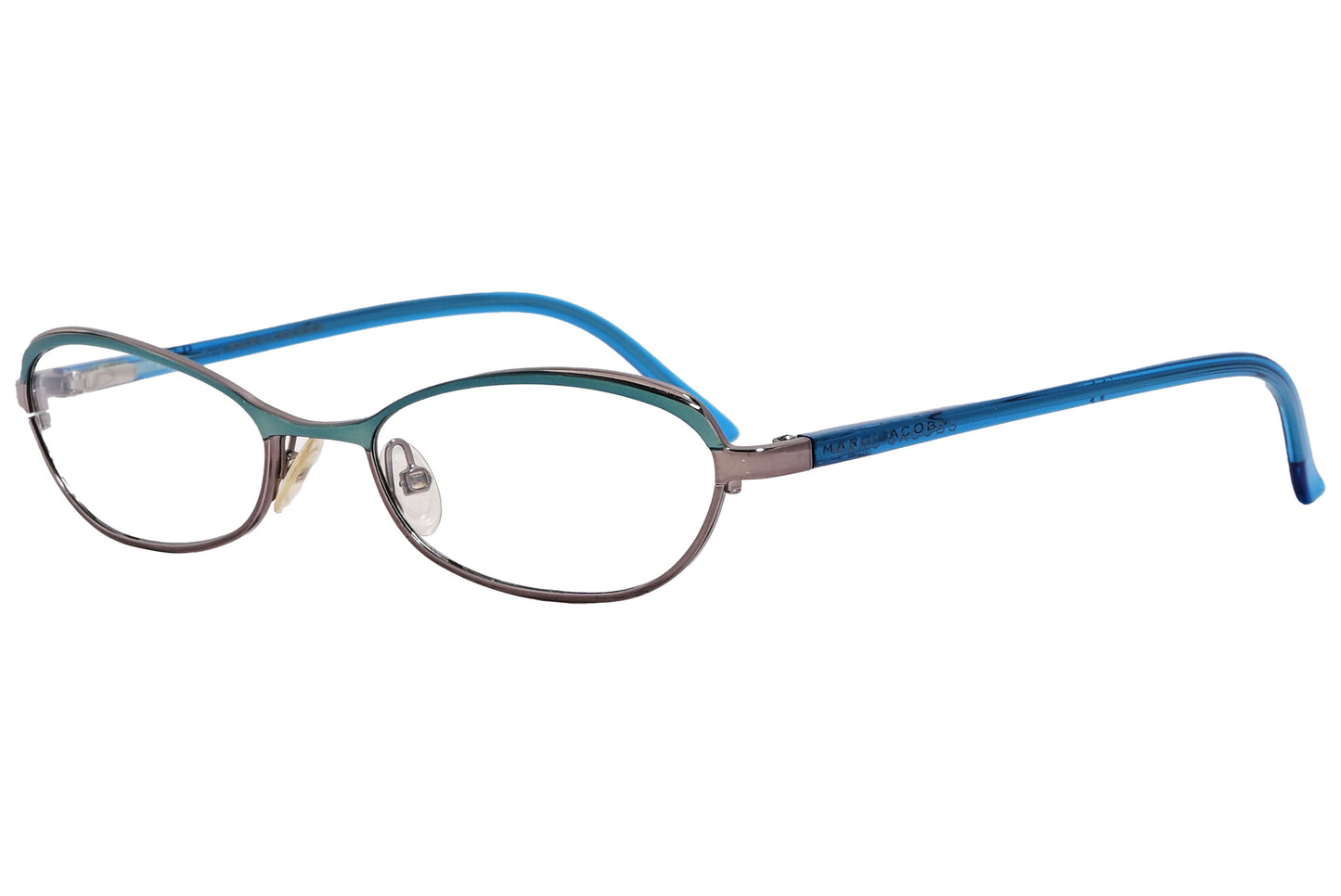A pair of oval eyeglasses with blue green frames.