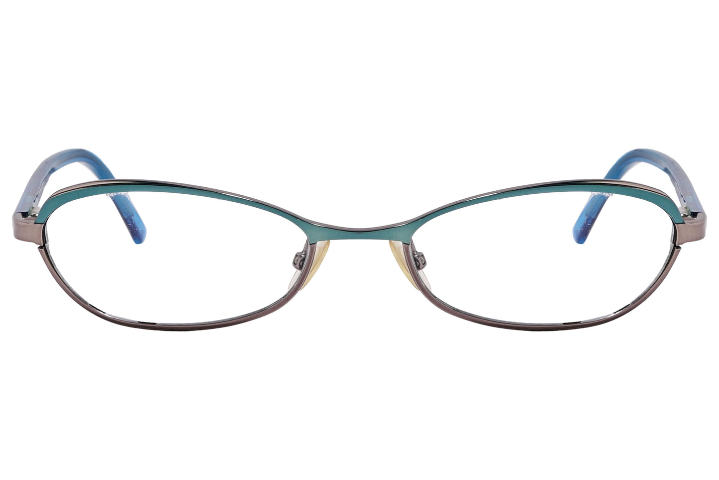 A pair of oval eyeglasses with blue green frames.