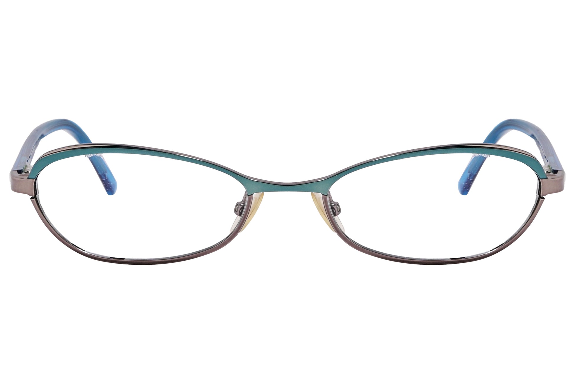 A pair of oval eyeglasses with blue green frames.